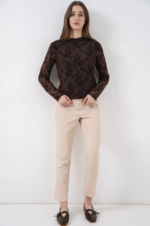 Kadın Desenli Uzun Kol Bluz 983 - Kahverengi