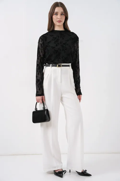 Kadın Desenli Uzun Kol Bluz 983 - Siyah