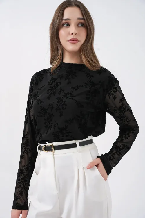 Kadın Desenli Uzun Kol Bluz 983 - Siyah