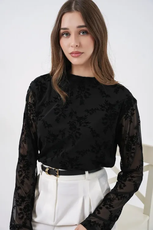 Kadın Desenli Uzun Kol Bluz 983 - Siyah