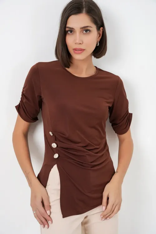Kadın Düğme Detaylı Sandy Bluz 992 - Kahverengi
