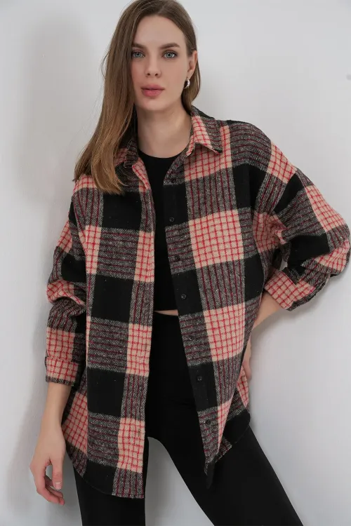 Kadın Ekose Desen Oversize Oduncu Gömlek 3854 A.Pudra
