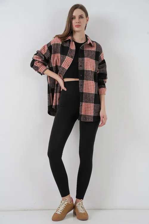 Kadın Ekose Desen Oversize Oduncu Gömlek 3854 A.Pudra