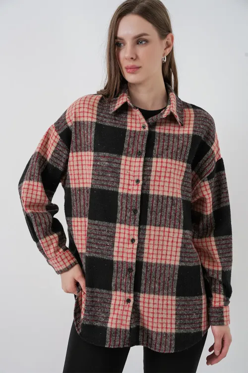Kadın Ekose Desen Oversize Oduncu Gömlek 3854 A.Pudra