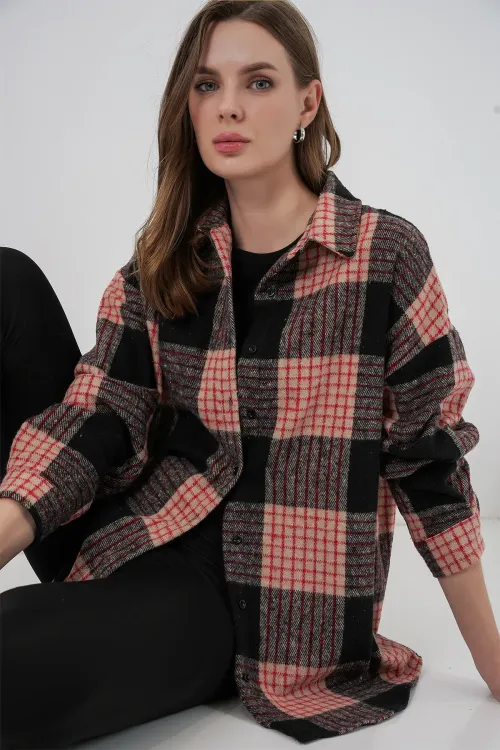 Kadın Ekose Desen Oversize Oduncu Gömlek 3854 A.Pudra