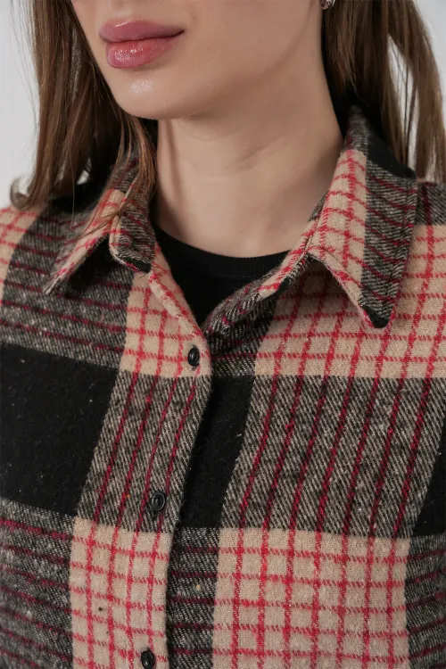 Kadın Ekose Desen Oversize Oduncu Gömlek 3854 A.Pudra