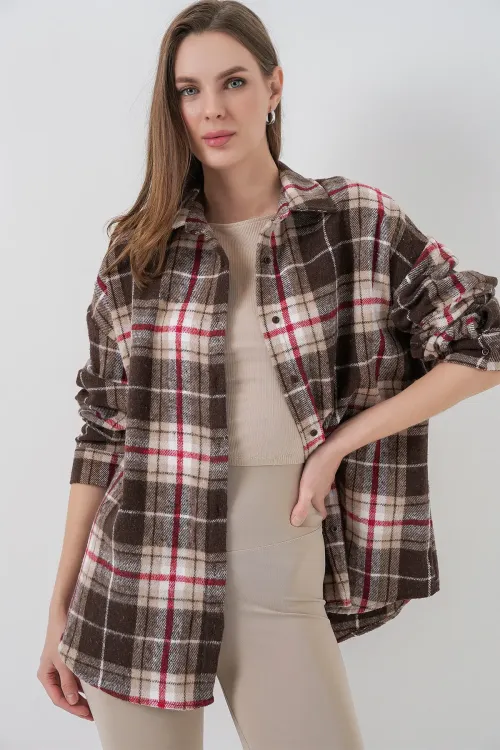 Kadın Ekose Desen Oversize Oduncu Gömlek 3854 Vizon