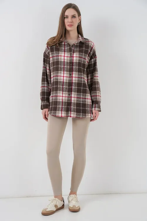 Kadın Ekose Desen Oversize Oduncu Gömlek 3854 Vizon