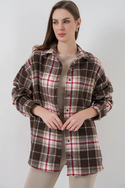Kadın Ekose Desen Oversize Oduncu Gömlek 3854 Vizon