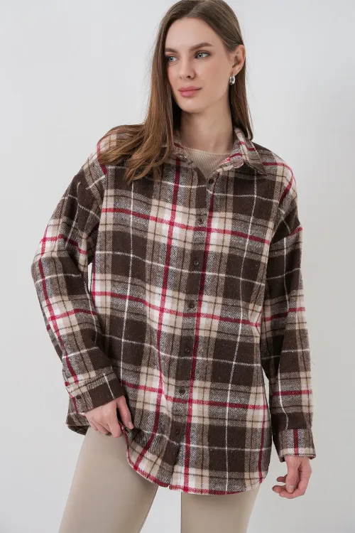 Kadın Ekose Desen Oversize Oduncu Gömlek 3854 Vizon