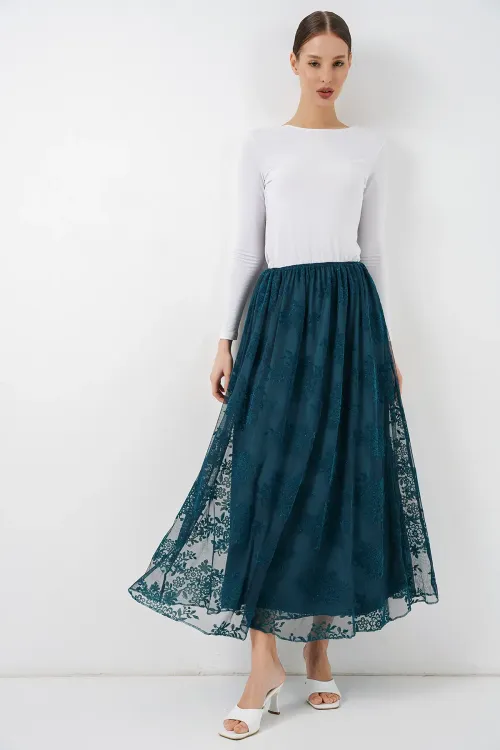 Kadın Flok Baskılı Uzun Tül Etek 8070 - Petrol