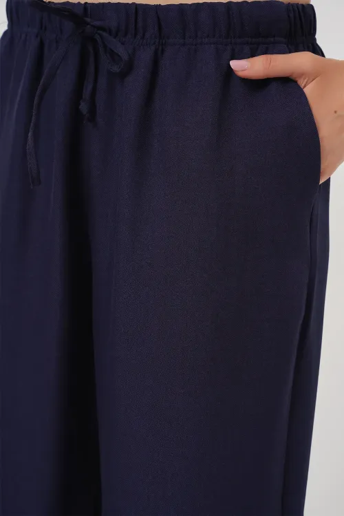 Kadın Geniş Paça Keten Pantolon 6735 - Lacivert