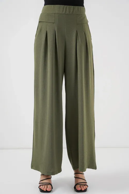 Kadın Geniş Paça Pileli Pantolon 6718 - Haki