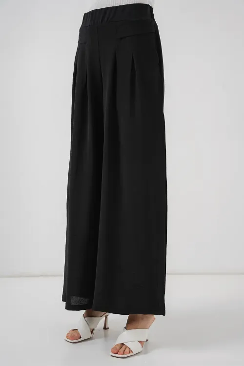 Kadın Geniş Paça Pileli Pantolon 6718 - Siyah