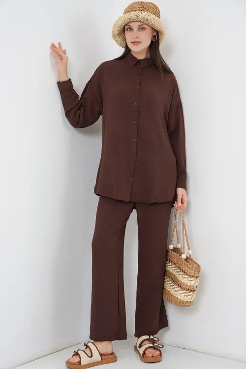 Kadın Gömlek Pantolon İkili Takım 30063 - Kahverengi
