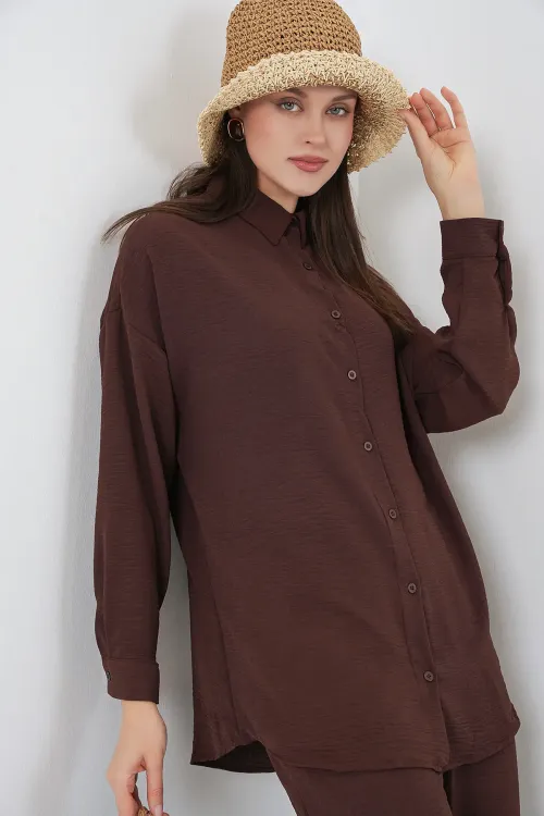 Kadın Gömlek Pantolon İkili Takım 30063 - Kahverengi