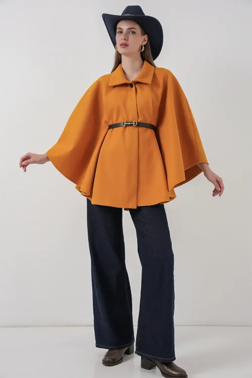 Kadın Kemerli Kaşe Panço 9170 - Hardal