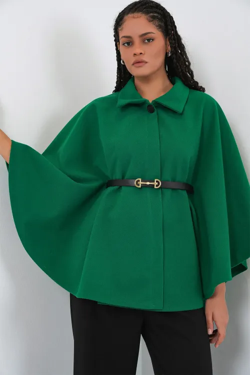 Kadın Kemerli Kaşe Panço 9170 - Koyu Yeşil