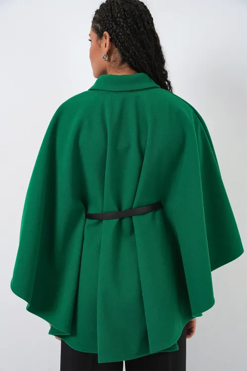 Kadın Kemerli Kaşe Panço 9170 - Koyu Yeşil