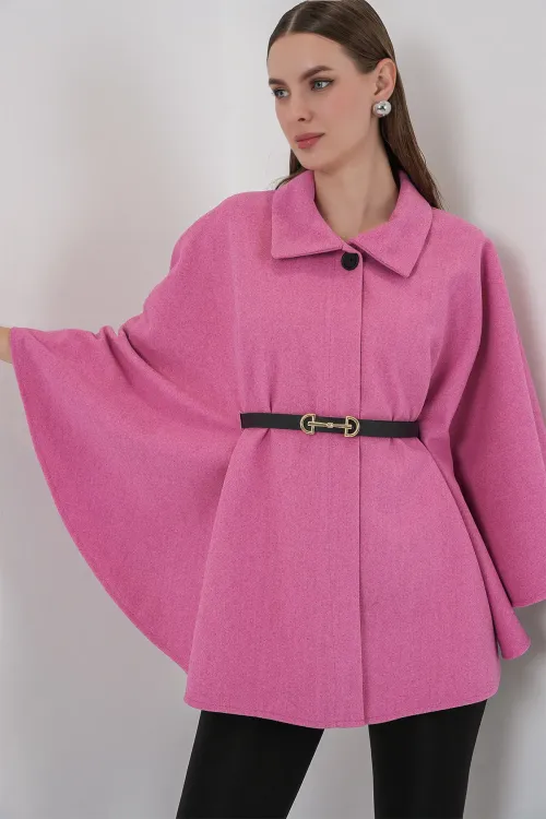 Kadın Kemerli Kaşe Panço 9170 - Pembe