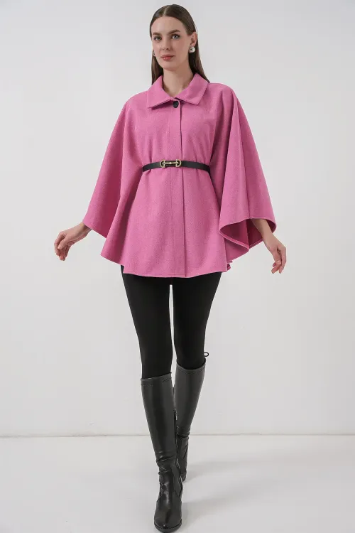 Kadın Kemerli Kaşe Panço 9170 - Pembe