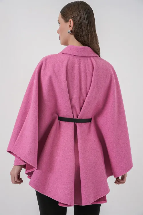 Kadın Kemerli Kaşe Panço 9170 - Pembe
