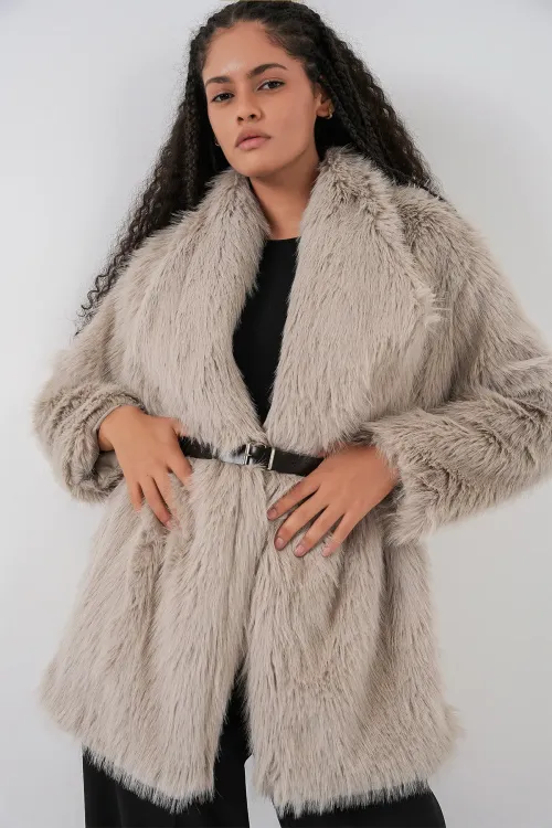 Kadın Kemerli Oversize Kürklü Kaban 9156 - Taş