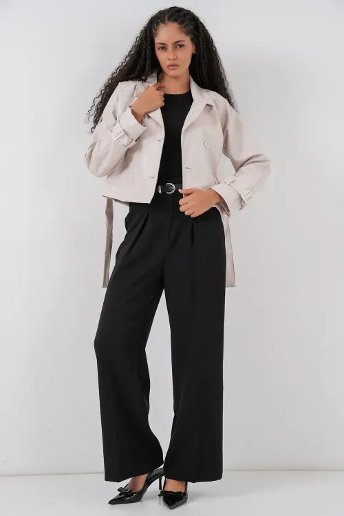 Kadın Kemerli Suni Deri Ceket 1046 - Ekru