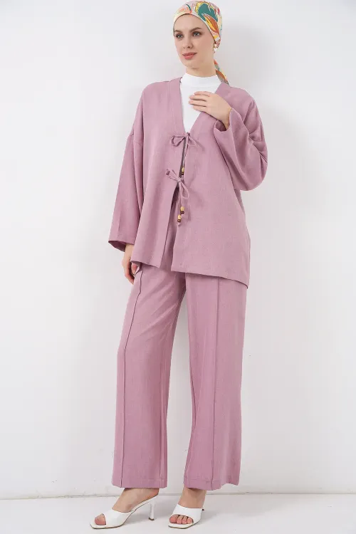 Kadın Keten Kimono İkili Takım 6727 - Gül Kurusu