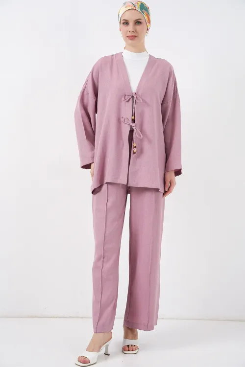 Kadın Keten Kimono İkili Takım 6727 - Gül Kurusu