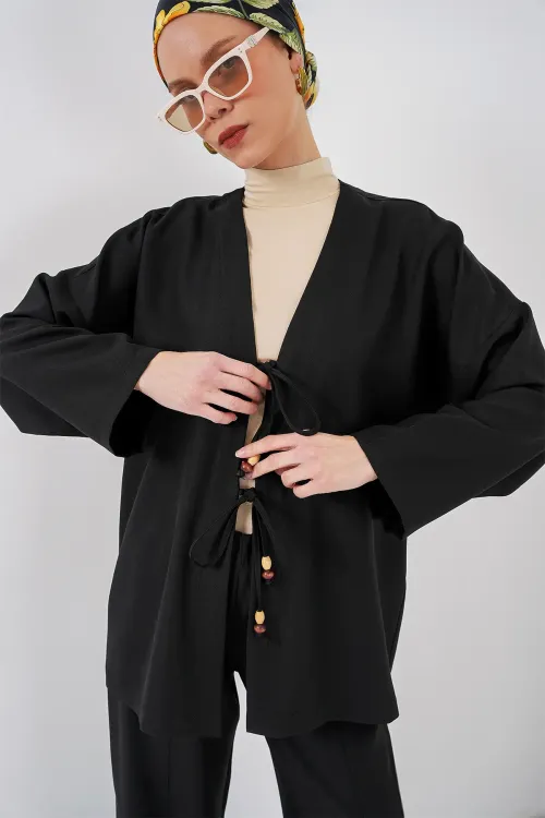 Kadın Keten Kimono İkili Takım 6727 - Siyah