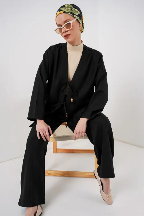 Kadın Keten Kimono İkili Takım 6727 - Siyah