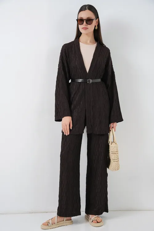 Kadın Kimono Pantolon İkili Takım 30078 - Kahverengi