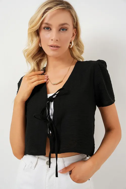 Kadın Kısa Kol Crop Bluz 958 - Siyah