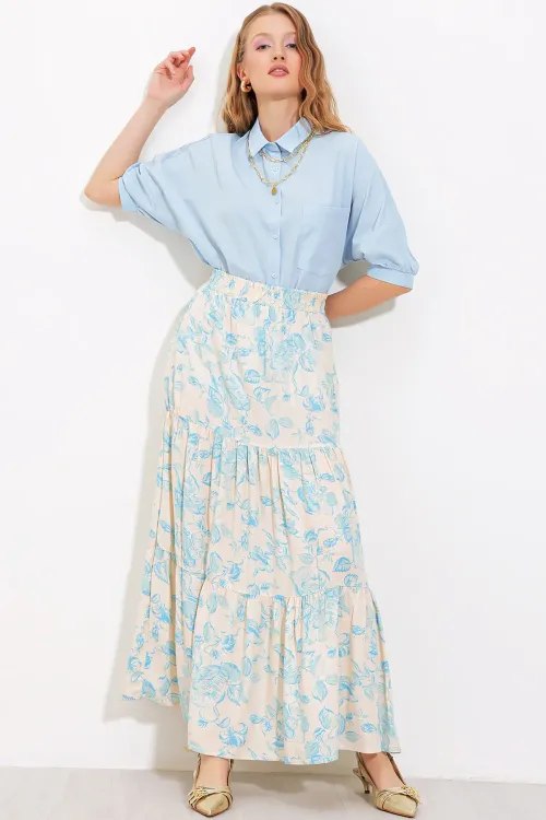 Kadın Krem Mavi Desenli Uzun Viskon Etek 1898