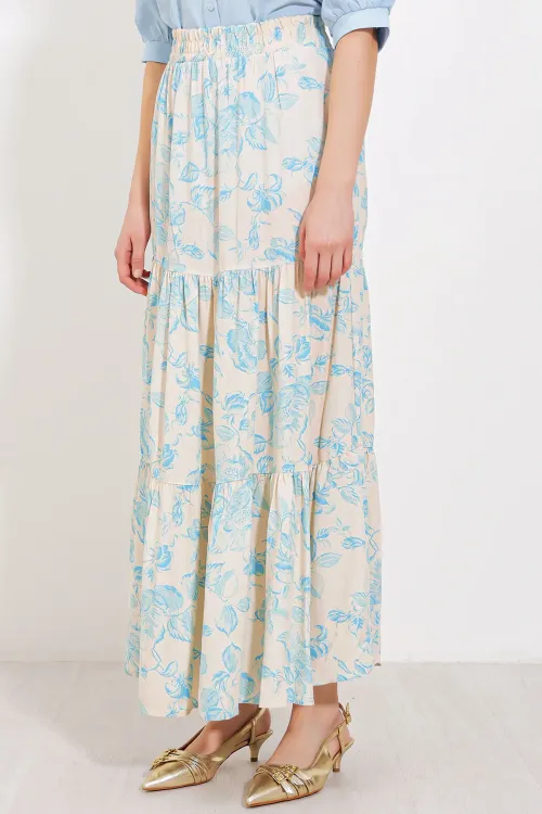 Kadın Krem Mavi Desenli Uzun Viskon Etek 1898