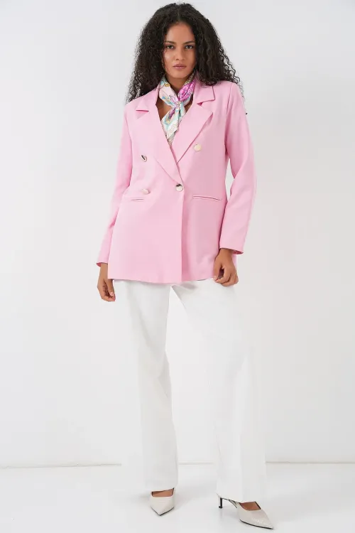 Kadın Kruvaze Yaka Blazer Ceket 0722 - Pudra