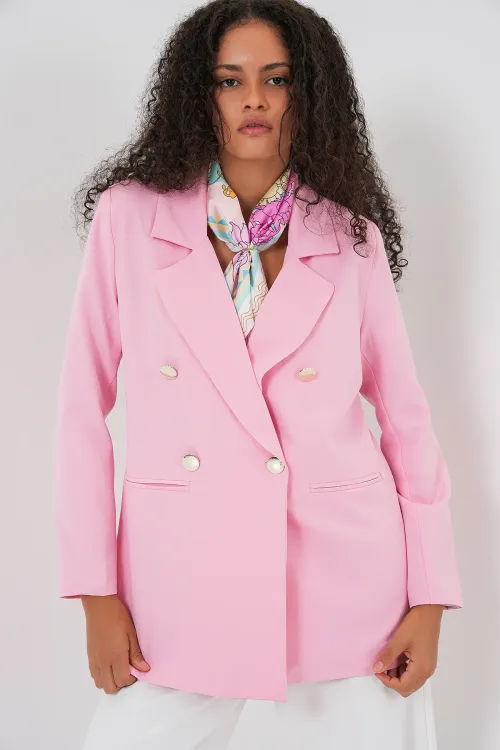 Kadın Kruvaze Yaka Blazer Ceket 0722 - Pudra