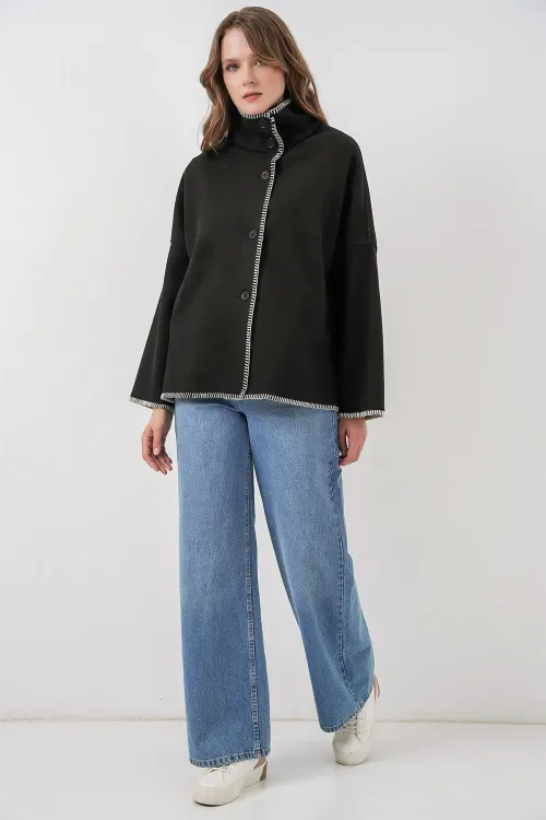 Kadın Nakışlı Kaşe Ceket 9167 - Siyah