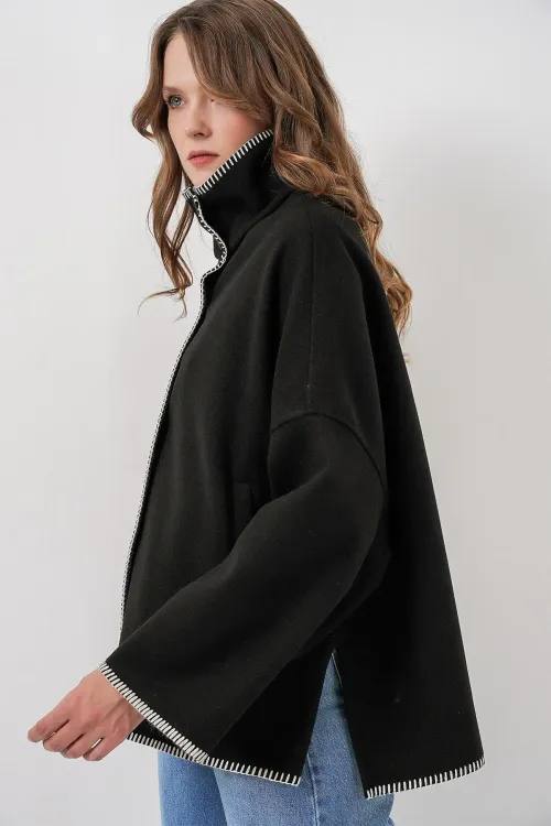 Kadın Nakışlı Kaşe Ceket 9167 - Siyah