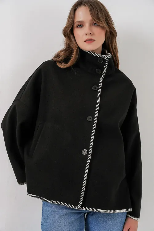 Kadın Nakışlı Kaşe Ceket 9167 - Siyah