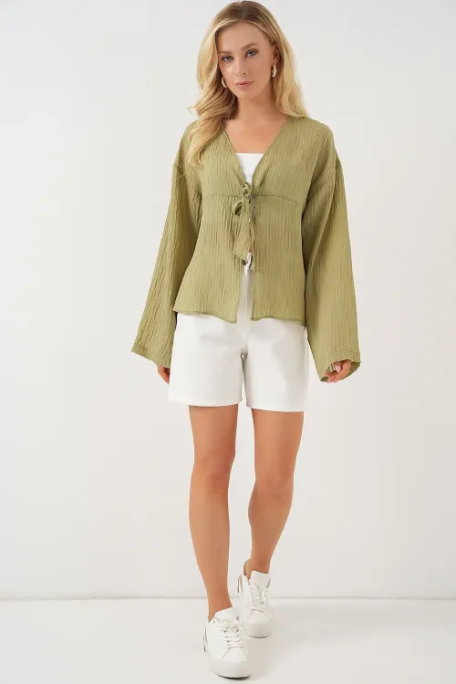 Kadın Önü Bağcıklı Bluz 952 - Çağla