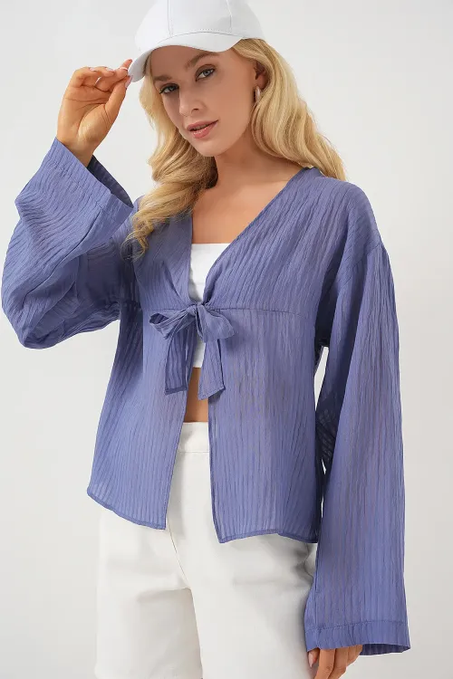 Kadın Önü Bağcıklı Bluz 952 - İndigo