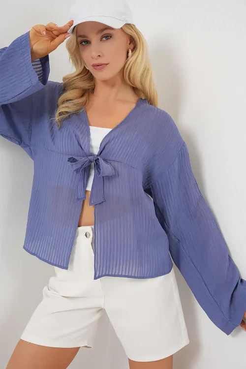 Kadın Önü Bağcıklı Bluz 952 - İndigo