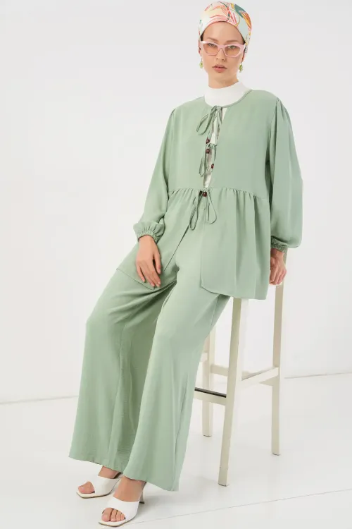 Kadın Önü Bağcıklı Tunik Pantolon İkili Takım 6744 - Mint