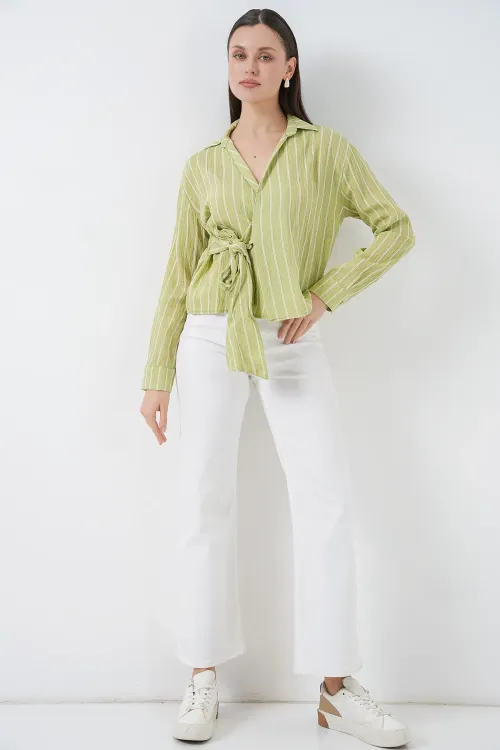 Kadın Önü Bağlamalı Çizgili Gömlek 20362 - E.Yeşil