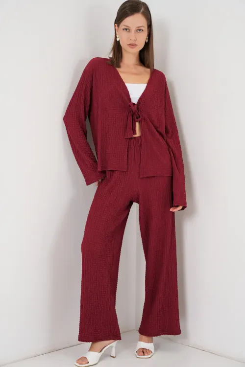 Kadın Örme Bluz Pantolon İkili Takım 30052 - Bordo