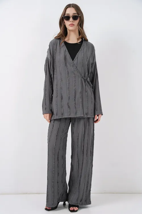 Kadın Örme Kimono Pantolon İkili Takım 30067 - Gri