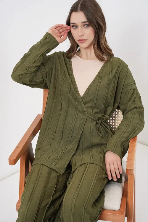 Kadın Örme Kimono Pantolon İkili Takım 30067 - Haki