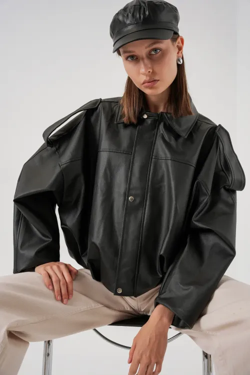 Kadın Oversize Deri Ceket 1055 - Siyah